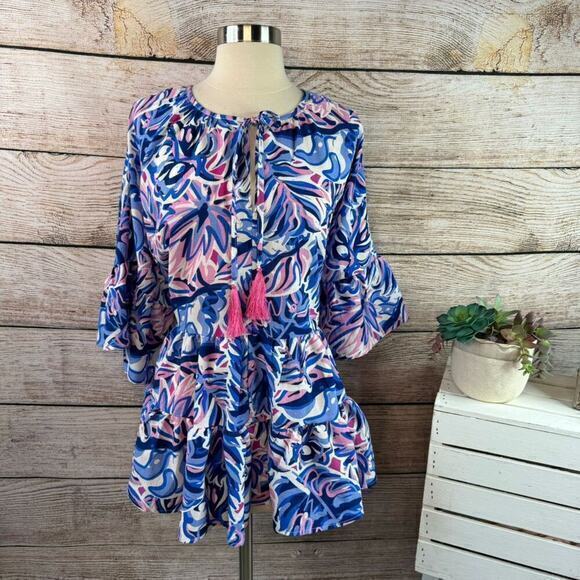 Simply Southern Leaf‎ Gather Blouse XL Short Sleeve Round Neck Multicolor - Picture 1 of 8